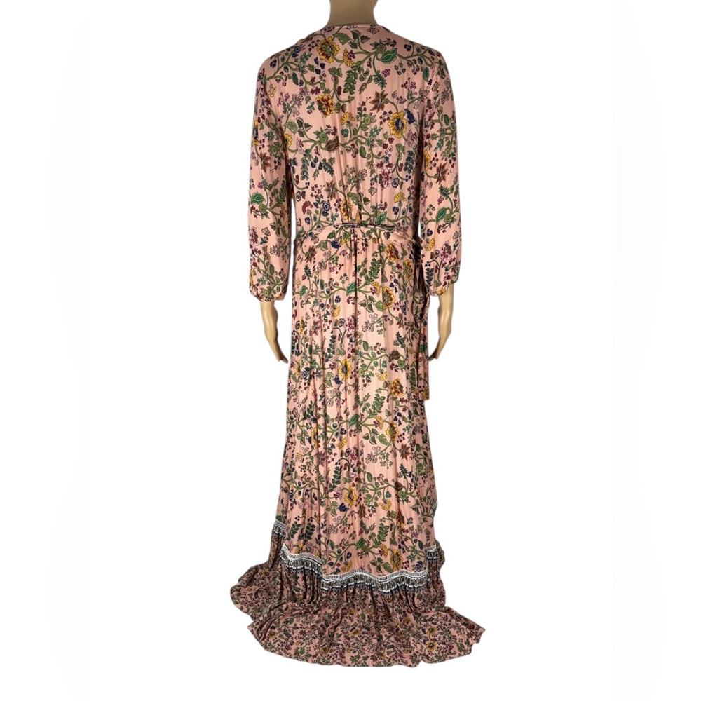 Farm Rio Anthropologie Clara Wrap Maxi Dress Medium Pink Floral Ruffle Boho EUC - Picture 4 of 9